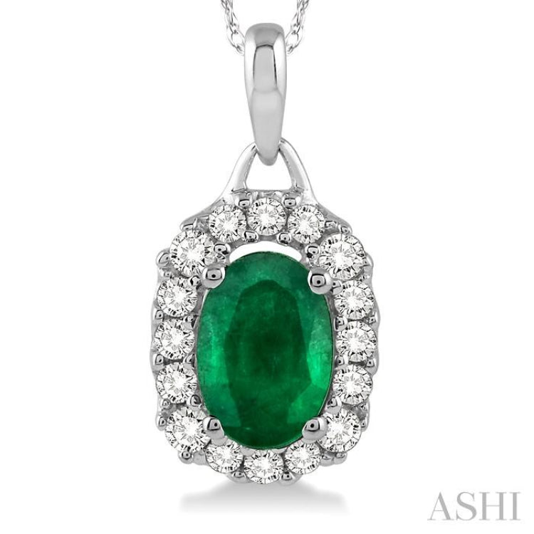 6x4 MM Oval Cut Emerald and 1/6 Ctw Round Cut Diamond Precious Pendant in 14K White Gold with Chain 6x4 MM Oval Cut Emerald and 1/6 Ctw Round Cut Diamond Precious Pendant in 14K White Gold with Chain