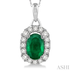 6x4 MM Oval Cut Emerald and 1/6 Ctw Round Cut Diamond Precious Pendant in 14K White Gold with Chain 6x4 MM Oval Cut Emerald and 1/6 Ctw Round Cut Diamond Precious Pendant in 14K White Gold with Chain