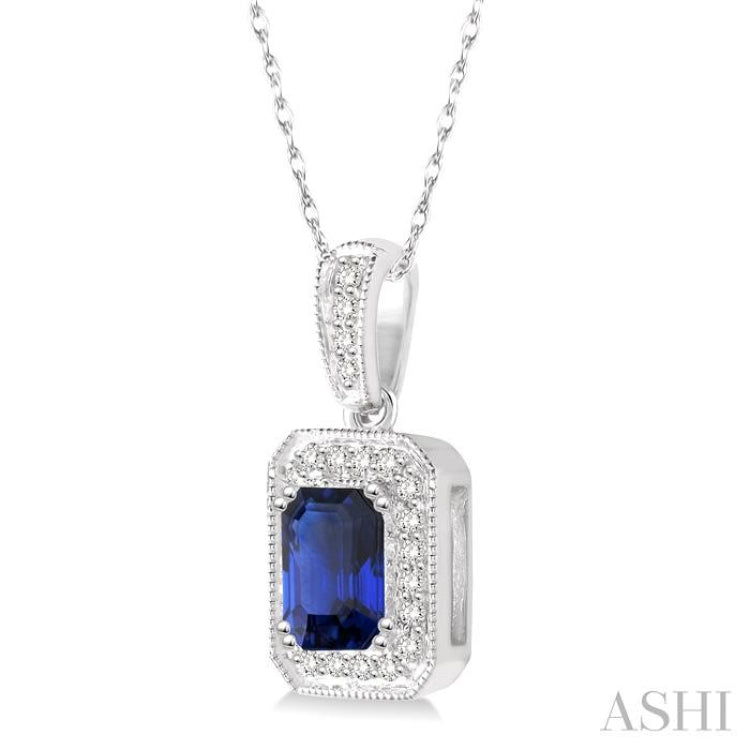 6x4 MM Emerald Shape Sapphire and 1/5 Ctw Round Cut Diamond Pendant in 14K White Gold with Chain 6x4 MM Emerald Shape Sapphire and 1/5 Ctw Round Cut Diamond Pendant in 14K White Gold with Chain