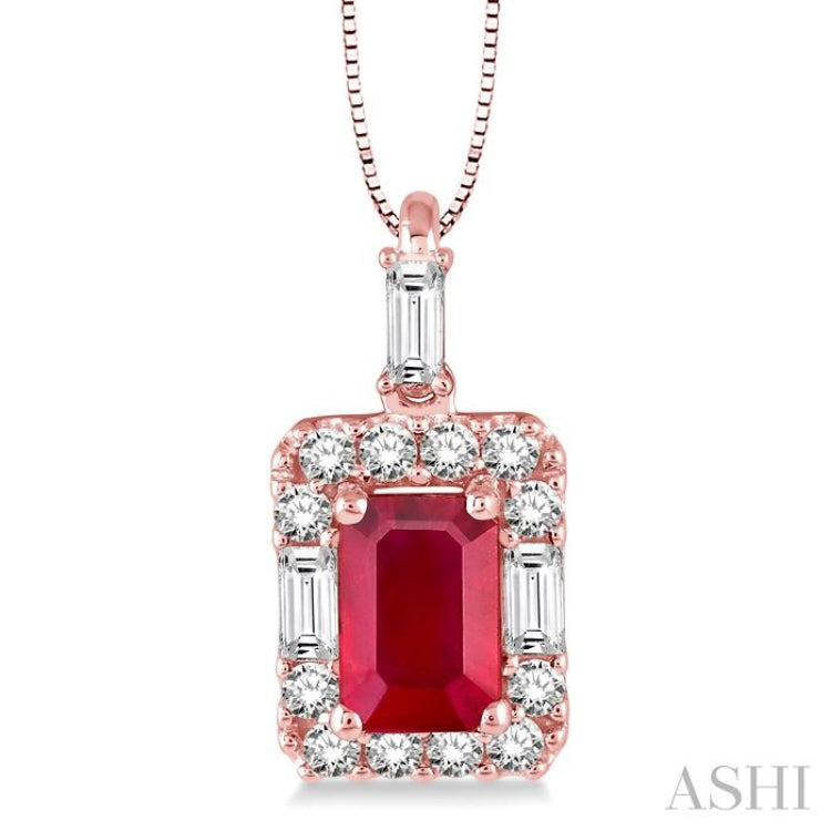 6x4 MM Octagon Cut Ruby and 1/3 Ctw Round Cut Diamond Precious Pendant in 14K Rose Gold with Chain 6x4 MM Octagon Cut Ruby and 1/3 Ctw Round Cut Diamond Precious Pendant in 14K Rose Gold with Chain