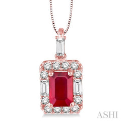 6x4 MM Octagon Cut Ruby and 1/3 Ctw Round Cut Diamond Precious Pendant in 14K Rose Gold with Chain 6x4 MM Octagon Cut Ruby and 1/3 Ctw Round Cut Diamond Precious Pendant in 14K Rose Gold with Chain