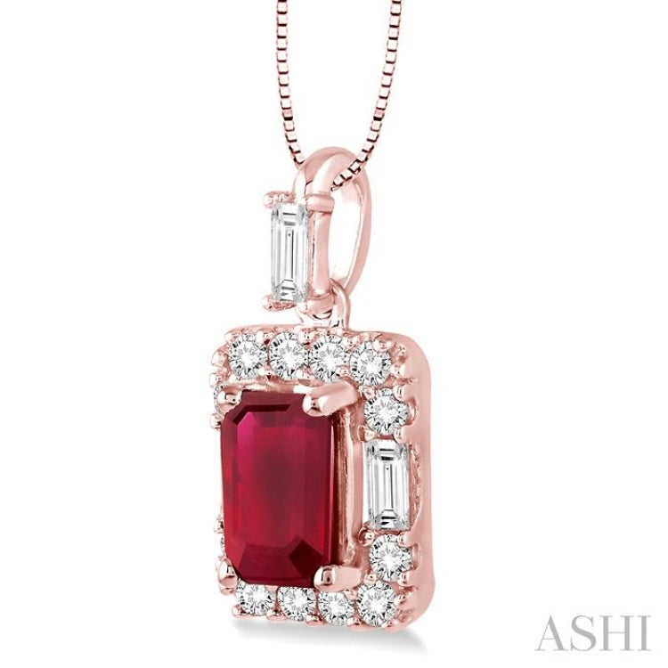 6x4 MM Octagon Cut Ruby and 1/3 Ctw Round Cut Diamond Precious Pendant in 14K Rose Gold with Chain 6x4 MM Octagon Cut Ruby and 1/3 Ctw Round Cut Diamond Precious Pendant in 14K Rose Gold with Chain