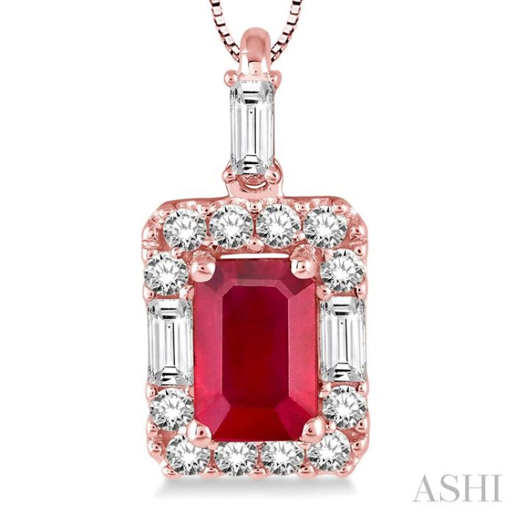 6x4 MM Octagon Cut Ruby and 1/3 Ctw Round Cut Diamond Precious Pendant in 14K Rose Gold with Chain 6x4 MM Octagon Cut Ruby and 1/3 Ctw Round Cut Diamond Precious Pendant in 14K Rose Gold with Chain