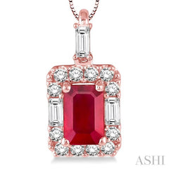 6x4 MM Octagon Cut Ruby and 1/3 Ctw Round Cut Diamond Precious Pendant in 14K Rose Gold with Chain 6x4 MM Octagon Cut Ruby and 1/3 Ctw Round Cut Diamond Precious Pendant in 14K Rose Gold with Chain