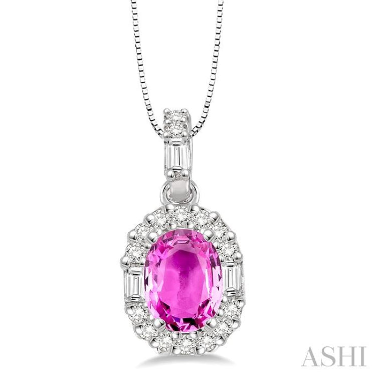 6x4 MM Oval Shape Pink Sapphire and 1/4 Ctw Diamond Precious Pendant in 14K White Gold with Chain 6x4 MM Oval Shape Pink Sapphire and 1/4 Ctw Diamond Precious Pendant in 14K White Gold with Chain