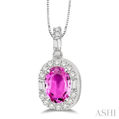 6x4 MM Oval Shape Pink Sapphire and 1/4 Ctw Diamond Precious Pendant in 14K White Gold with Chain 6x4 MM Oval Shape Pink Sapphire and 1/4 Ctw Diamond Precious Pendant in 14K White Gold with Chain