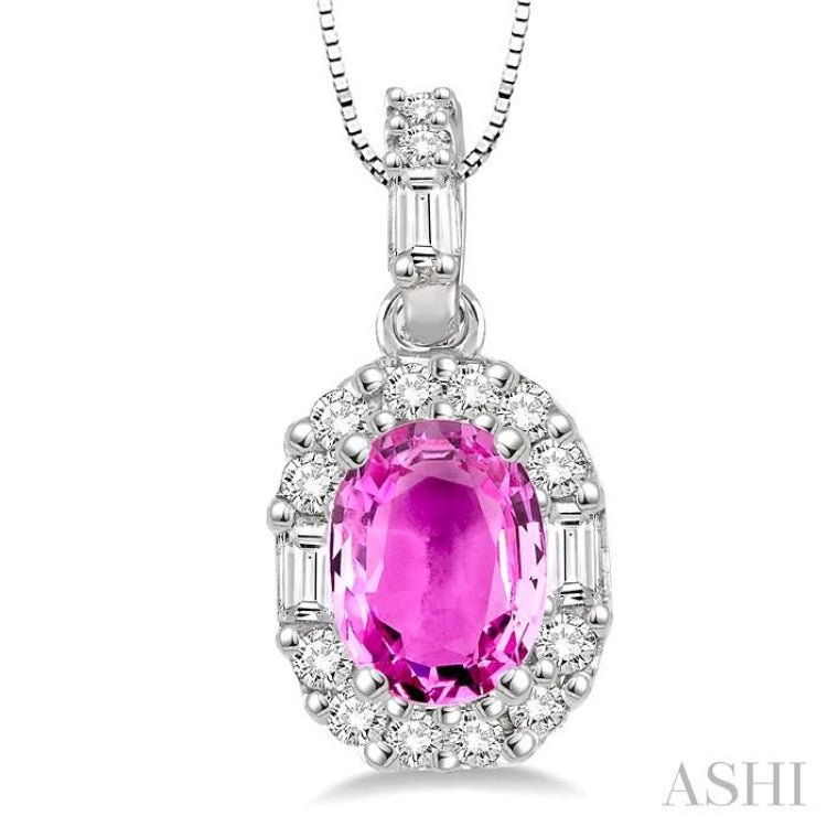 6x4 MM Oval Shape Pink Sapphire and 1/4 Ctw Diamond Precious Pendant in 14K White Gold with Chain 6x4 MM Oval Shape Pink Sapphire and 1/4 Ctw Diamond Precious Pendant in 14K White Gold with Chain