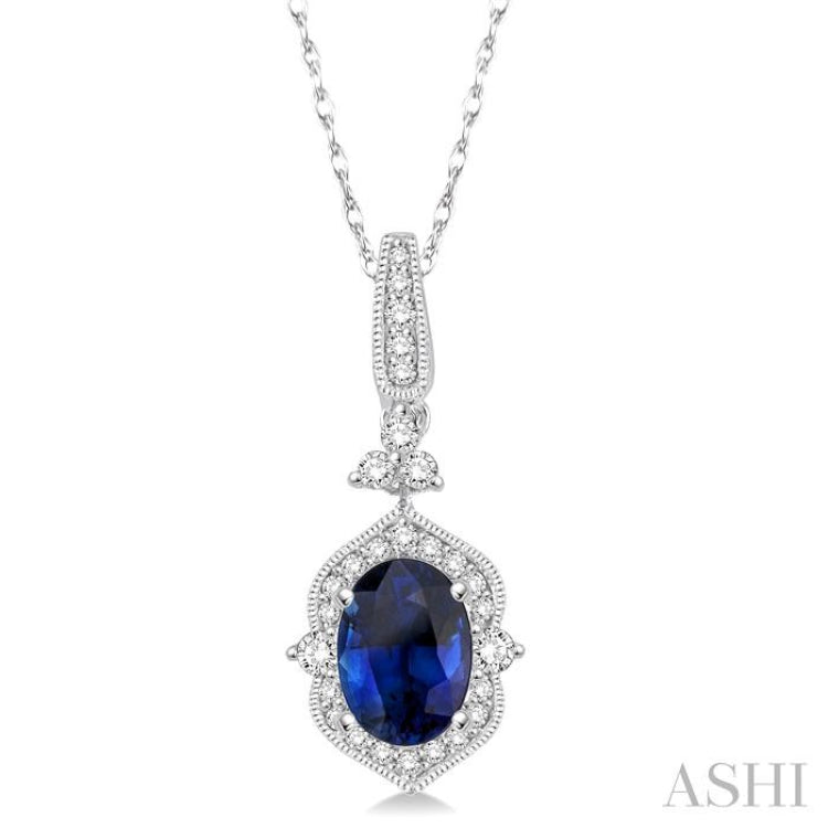 6x4 MM Oval Shape Sapphire and 1/5 Ctw Diamond Precious Pendant in 14K White Gold with Chain 6x4 MM Oval Shape Sapphire and 1/5 Ctw Diamond Precious Pendant in 14K White Gold with Chain