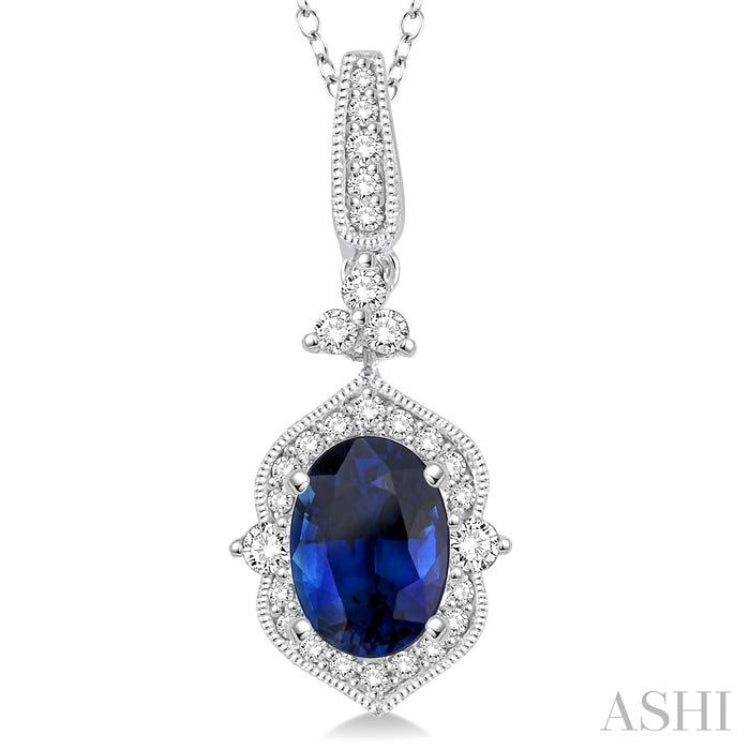 6x4 MM Oval Shape Sapphire and 1/5 Ctw Diamond Precious Pendant in 14K White Gold with Chain 6x4 MM Oval Shape Sapphire and 1/5 Ctw Diamond Precious Pendant in 14K White Gold with Chain