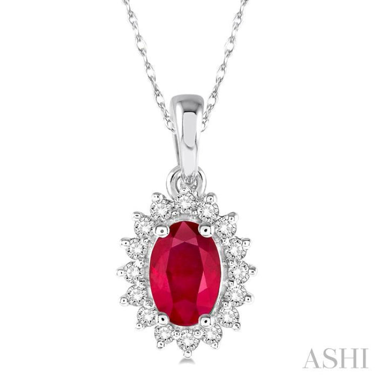 6x4 MM Oval Cut Ruby and 1/8 Ctw Round Cut Diamond Center Sunflower Precious Pendant in 10K White Gold with chain 6x4 MM Oval Cut Ruby and 1/8 Ctw Round Cut Diamond Center Sunflower Precious Pendant in 10K White Gold with chain