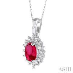 6x4 MM Oval Cut Ruby and 1/8 Ctw Round Cut Diamond Center Sunflower Precious Pendant in 10K White Gold with chain 6x4 MM Oval Cut Ruby and 1/8 Ctw Round Cut Diamond Center Sunflower Precious Pendant in 10K White Gold with chain