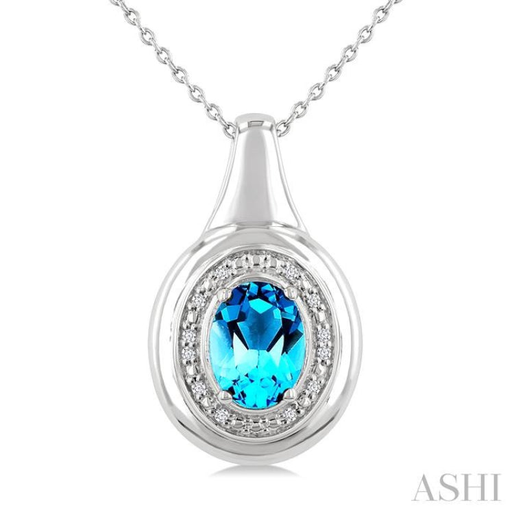 8X6 MM Oval Shape Blue Topaz and 1/20 Ctw Single Cut Diamond Semi-precious Pendant With Chain in Sterling Silver 8X6 MM Oval Shape Blue Topaz and 1/20 Ctw Single Cut Diamond Semi-precious Pendant With Chain in Sterling Silver
