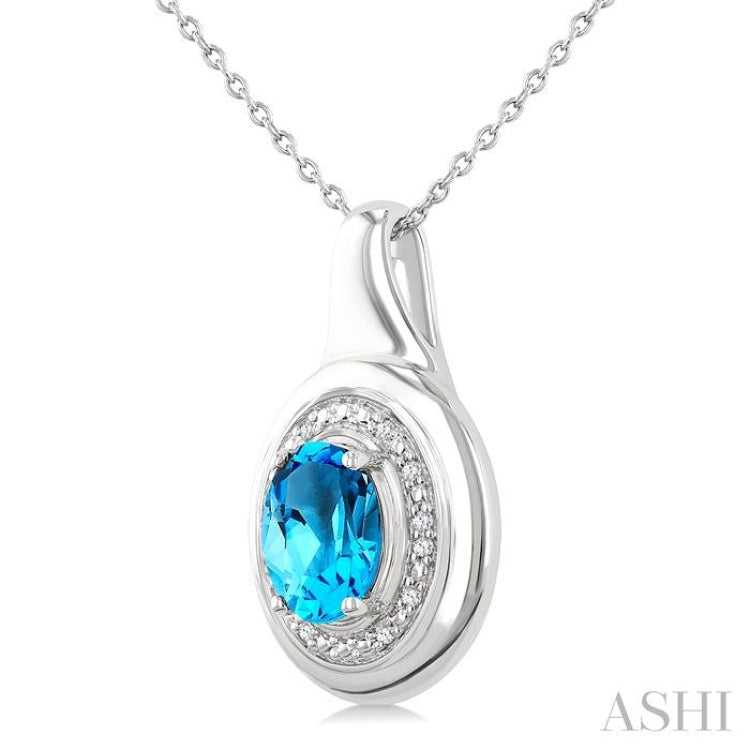 8X6 MM Oval Shape Blue Topaz and 1/20 Ctw Single Cut Diamond Semi-precious Pendant With Chain in Sterling Silver 8X6 MM Oval Shape Blue Topaz and 1/20 Ctw Single Cut Diamond Semi-precious Pendant With Chain in Sterling Silver