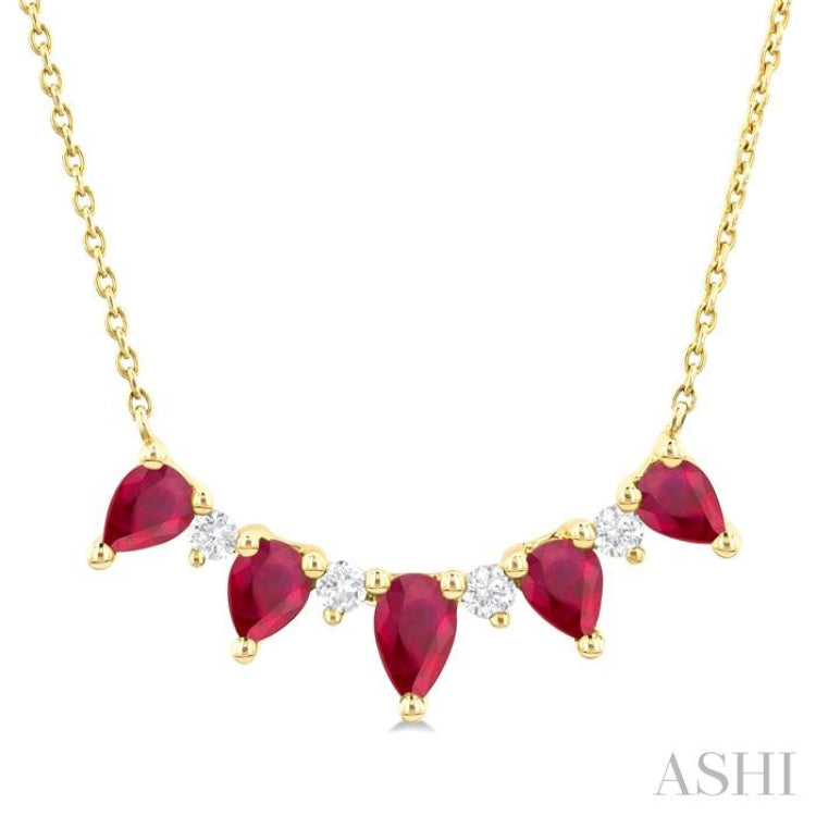 5x3 MM & 4x3 MM Pear Cut Ruby and 1/8 Ctw Round Cut Diamond Precious Necklace in 14K Yellow Gold 5x3 MM & 4x3 MM Pear Cut Ruby and 1/8 Ctw Round Cut Diamond Precious Necklace in 14K Yellow Gold