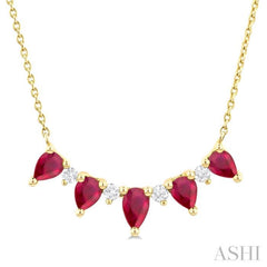 5x3 MM & 4x3 MM Pear Cut Ruby and 1/8 Ctw Round Cut Diamond Precious Necklace in 14K Yellow Gold 5x3 MM & 4x3 MM Pear Cut Ruby and 1/8 Ctw Round Cut Diamond Precious Necklace in 14K Yellow Gold