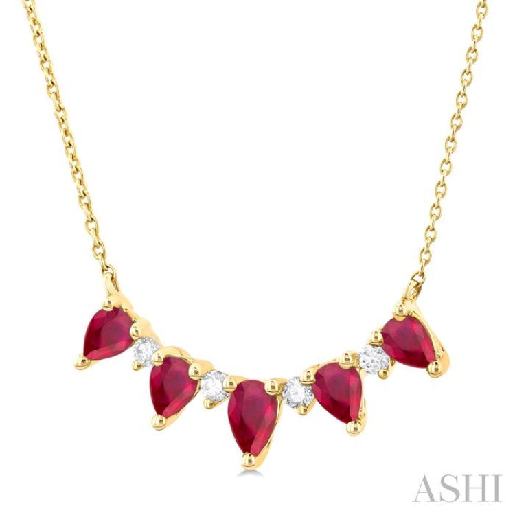 5x3 MM & 4x3 MM Pear Cut Ruby and 1/8 Ctw Round Cut Diamond Precious Necklace in 14K Yellow Gold 5x3 MM & 4x3 MM Pear Cut Ruby and 1/8 Ctw Round Cut Diamond Precious Necklace in 14K Yellow Gold
