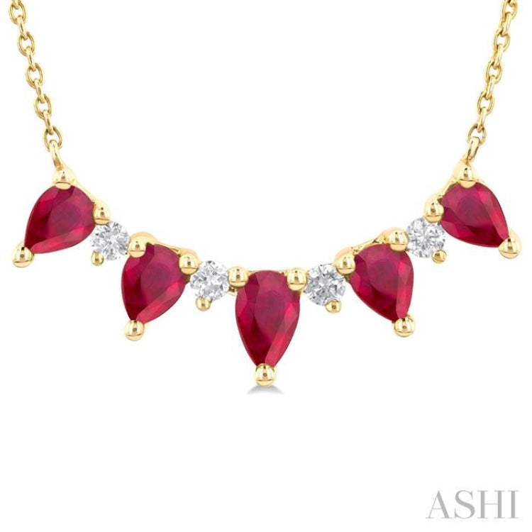 5x3 MM & 4x3 MM Pear Cut Ruby and 1/8 Ctw Round Cut Diamond Precious Necklace in 14K Yellow Gold 5x3 MM & 4x3 MM Pear Cut Ruby and 1/8 Ctw Round Cut Diamond Precious Necklace in 14K Yellow Gold