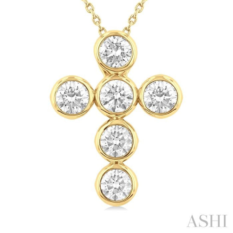 2 Ctw Round Cut Diamond 6-Stone Bezel Set Cross Pendant With Chain in 14K Yellow Gold 2 Ctw Round Cut Diamond 6-Stone Bezel Set Cross Pendant With Chain in 14K Yellow Gold