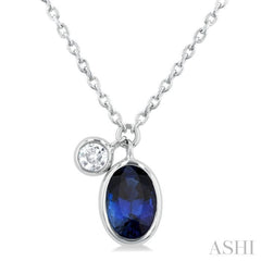 6x4 MM Oval Cut Sapphire and 1/20 Ctw Bezel Set Round Cut Diamond Precious Pendant With Chain in 14K White Gold 6x4 MM Oval Cut Sapphire and 1/20 Ctw Bezel Set Round Cut Diamond Precious Pendant With Chain in 14K White Gold