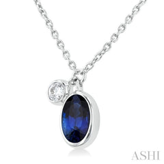 6x4 MM Oval Cut Sapphire and 1/20 Ctw Bezel Set Round Cut Diamond Precious Pendant With Chain in 14K White Gold 6x4 MM Oval Cut Sapphire and 1/20 Ctw Bezel Set Round Cut Diamond Precious Pendant With Chain in 14K White Gold