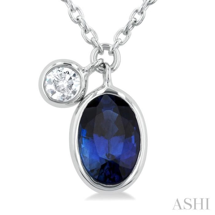6x4 MM Oval Cut Sapphire and 1/20 Ctw Bezel Set Round Cut Diamond Precious Pendant With Chain in 14K White Gold 6x4 MM Oval Cut Sapphire and 1/20 Ctw Bezel Set Round Cut Diamond Precious Pendant With Chain in 14K White Gold
