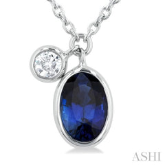 6x4 MM Oval Cut Sapphire and 1/20 Ctw Bezel Set Round Cut Diamond Precious Pendant With Chain in 14K White Gold 6x4 MM Oval Cut Sapphire and 1/20 Ctw Bezel Set Round Cut Diamond Precious Pendant With Chain in 14K White Gold