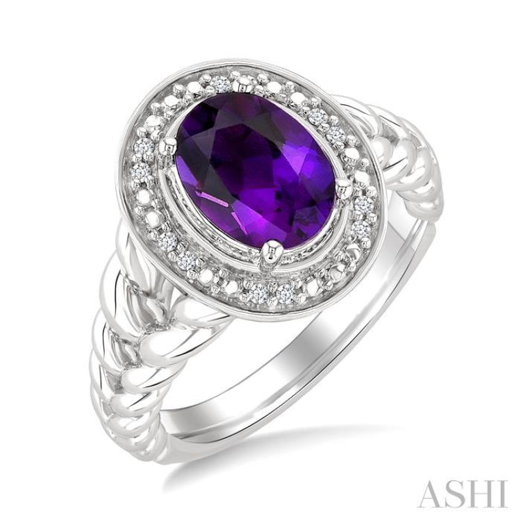 9x7 MM Oval Shape Amethyst and 1/20 Ctw Single Cut Diamond Semi-precious Ring in Sterling Silver 9x7 MM Oval Shape Amethyst and 1/20 Ctw Single Cut Diamond Semi-precious Ring in Sterling Silver