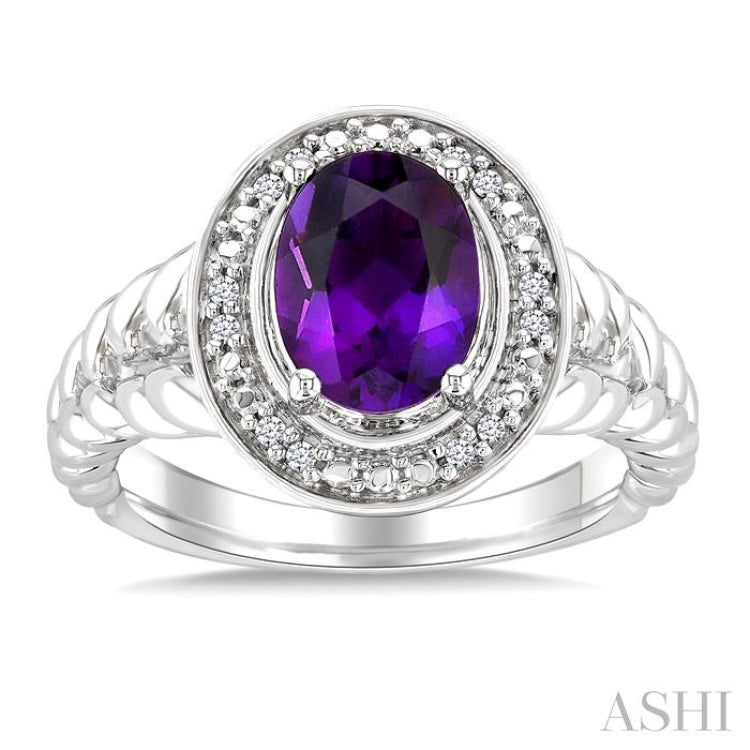 9x7 MM Oval Shape Amethyst and 1/20 Ctw Single Cut Diamond Semi-precious Ring in Sterling Silver 9x7 MM Oval Shape Amethyst and 1/20 Ctw Single Cut Diamond Semi-precious Ring in Sterling Silver