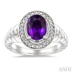 9x7 MM Oval Shape Amethyst and 1/20 Ctw Single Cut Diamond Semi-precious Ring in Sterling Silver 9x7 MM Oval Shape Amethyst and 1/20 Ctw Single Cut Diamond Semi-precious Ring in Sterling Silver