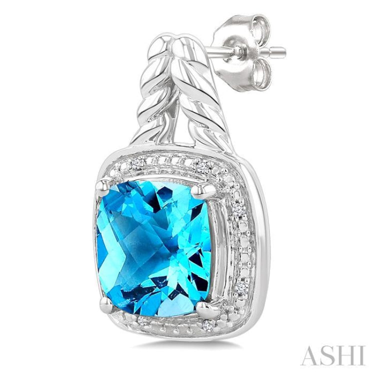 8 MM Cushion Shape Blue Topaz and 1/20 Ctw Single Cut Diamond Semi-Precious Earrings in Sterling Silver 8 MM Cushion Shape Blue Topaz and 1/20 Ctw Single Cut Diamond Semi-Precious Earrings in Sterling Silver