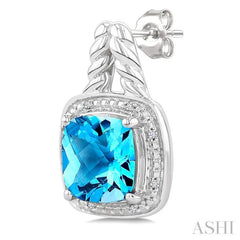 8 MM Cushion Shape Blue Topaz and 1/20 Ctw Single Cut Diamond Semi-Precious Earrings in Sterling Silver 8 MM Cushion Shape Blue Topaz and 1/20 Ctw Single Cut Diamond Semi-Precious Earrings in Sterling Silver