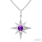 5 MM Round Cut Amethyst and 1/20 Ctw Round Cut Diamond Semi-Precious Fashion Pendant With Chain in Sterling Silver