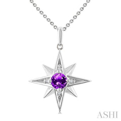 5 MM Round Cut Amethyst and 1/20 Ctw Round Cut Diamond Semi-Precious Fashion Pendant With Chain in Sterling Silver 5 MM Round Cut Amethyst and 1/20 Ctw Round Cut Diamond Semi-Precious Fashion Pendant With Chain in Sterling Silver