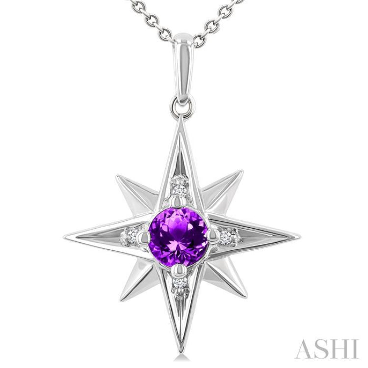 5 MM Round Cut Amethyst and 1/20 Ctw Round Cut Diamond Semi-Precious Fashion Pendant With Chain in Sterling Silver 5 MM Round Cut Amethyst and 1/20 Ctw Round Cut Diamond Semi-Precious Fashion Pendant With Chain in Sterling Silver
