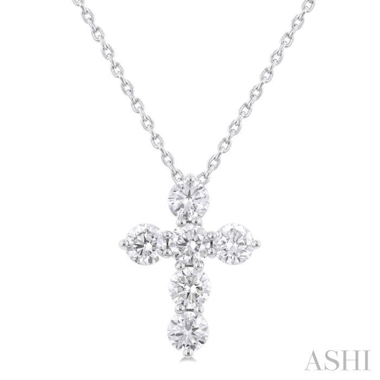 3/4 Ctw Round Cut Diamond Christian Cross 6-Stone Fashion Pendant With Chain in 14K White Gold 3/4 Ctw Round Cut Diamond Christian Cross 6-Stone Fashion Pendant With Chain in 14K White Gold