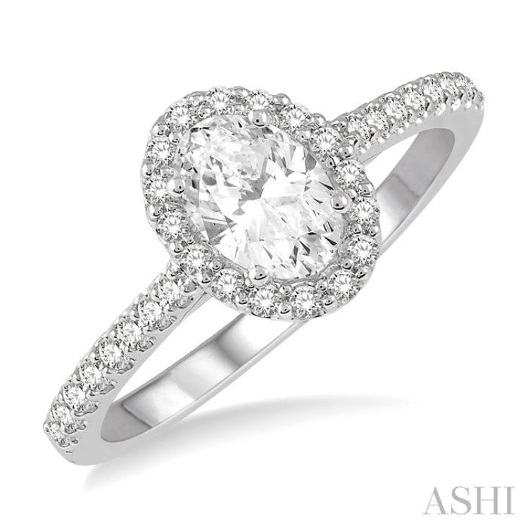 1 1/10 Ctw Oval Halo Round Cut Diamond Engagement Ring With 3/4 Ct Oval Cut Center Stone in 14K White Gold 1 1/10 Ctw Oval Halo Round Cut Diamond Engagement Ring With 3/4 Ct Oval Cut Center Stone in 14K White Gold
