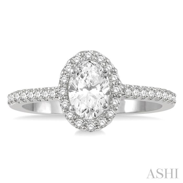 1 1/10 Ctw Oval Halo Round Cut Diamond Engagement Ring With 3/4 Ct Oval Cut Center Stone in 14K White Gold 1 1/10 Ctw Oval Halo Round Cut Diamond Engagement Ring With 3/4 Ct Oval Cut Center Stone in 14K White Gold