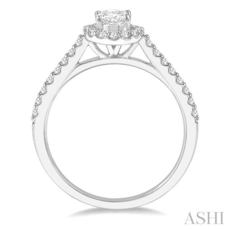 1 1/10 Ctw Oval Halo Round Cut Diamond Engagement Ring With 3/4 Ct Oval Cut Center Stone in 14K White Gold 1 1/10 Ctw Oval Halo Round Cut Diamond Engagement Ring With 3/4 Ct Oval Cut Center Stone in 14K White Gold