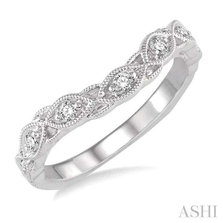 1/6 Ctw Milgrain Leaf Motif Round Cut Diamond Wedding Band in 14K White Gold 1/6 Ctw Milgrain Leaf Motif Round Cut Diamond Wedding Band in 14K White Gold