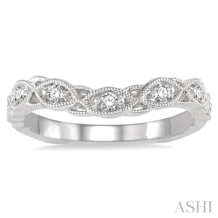 1/6 Ctw Milgrain Leaf Motif Round Cut Diamond Wedding Band in 14K White Gold 1/6 Ctw Milgrain Leaf Motif Round Cut Diamond Wedding Band in 14K White Gold
