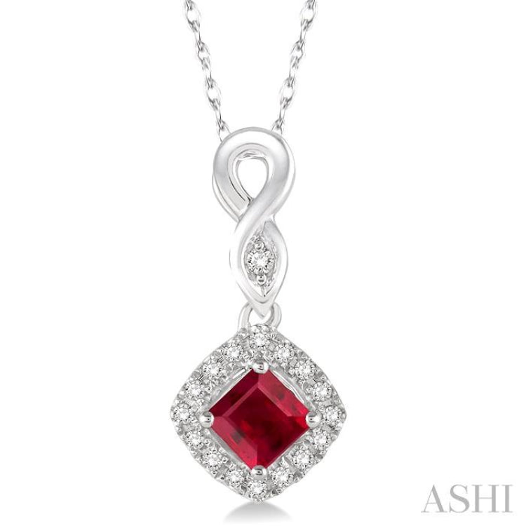 4x4 MM Cushion Shape Ruby and 1/10 Ctw Round Cut Diamond Pendant in 14K White Gold with Chain 4x4 MM Cushion Shape Ruby and 1/10 Ctw Round Cut Diamond Pendant in 14K White Gold with Chain