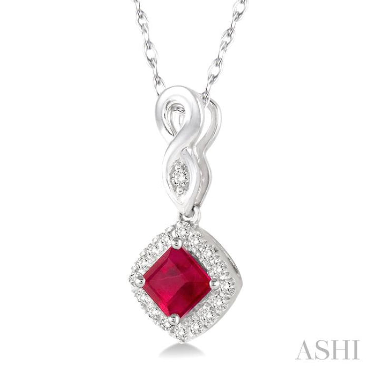 4x4 MM Cushion Shape Ruby and 1/10 Ctw Round Cut Diamond Pendant in 14K White Gold with Chain 4x4 MM Cushion Shape Ruby and 1/10 Ctw Round Cut Diamond Pendant in 14K White Gold with Chain