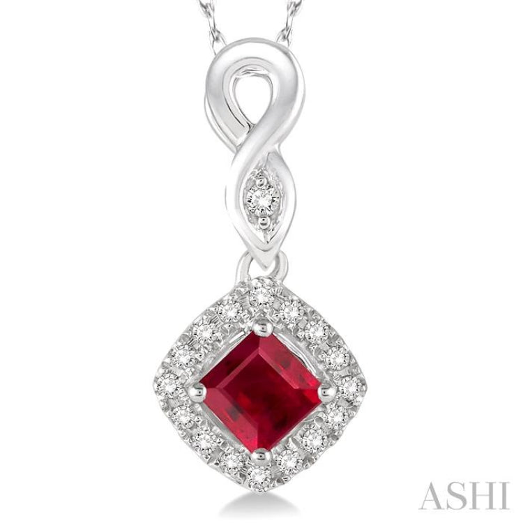 4x4 MM Cushion Shape Ruby and 1/10 Ctw Round Cut Diamond Pendant in 14K White Gold with Chain 4x4 MM Cushion Shape Ruby and 1/10 Ctw Round Cut Diamond Pendant in 14K White Gold with Chain