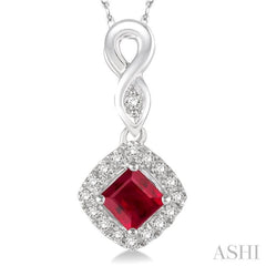 4x4 MM Cushion Shape Ruby and 1/10 Ctw Round Cut Diamond Pendant in 14K White Gold with Chain 4x4 MM Cushion Shape Ruby and 1/10 Ctw Round Cut Diamond Pendant in 14K White Gold with Chain