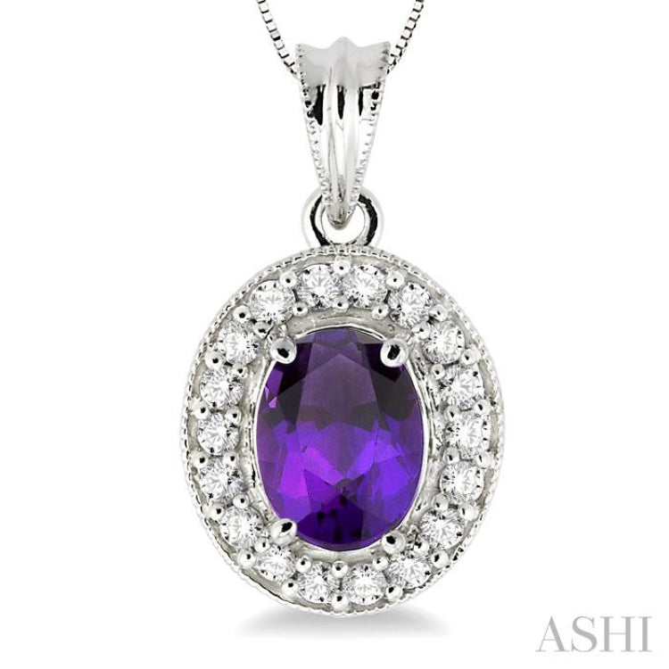 8x6 MM Oval Cut Amethyst and 1/3 Ctw Round Cut Diamond Pendant in 14K White Gold with Chain 8x6 MM Oval Cut Amethyst and 1/3 Ctw Round Cut Diamond Pendant in 14K White Gold with Chain
