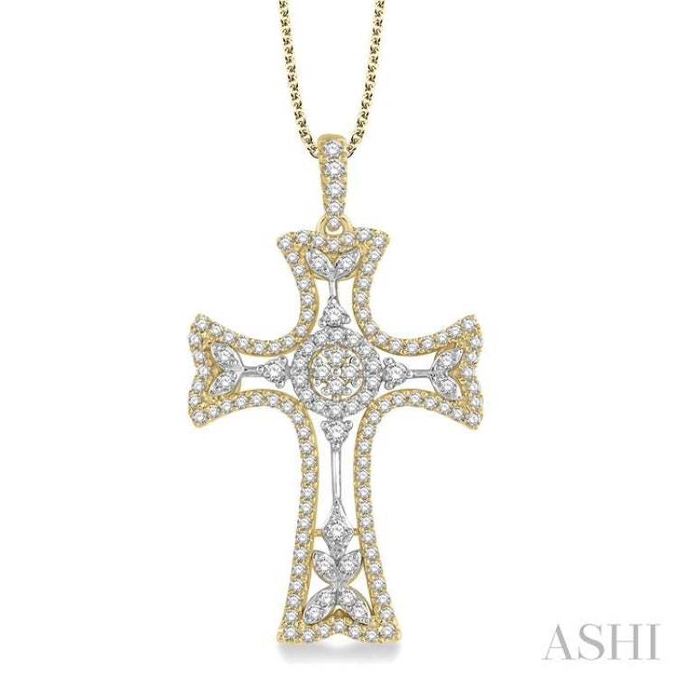 7/8 Ctw Round Cut Diamond Cross Pendant With Chain in 14K Yellow and White Gold 7/8 Ctw Round Cut Diamond Cross Pendant With Chain in 14K Yellow and White Gold