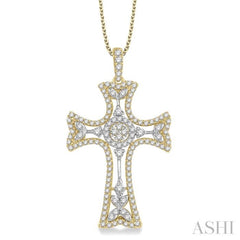 7/8 Ctw Round Cut Diamond Cross Pendant With Chain in 14K Yellow and White Gold 7/8 Ctw Round Cut Diamond Cross Pendant With Chain in 14K Yellow and White Gold