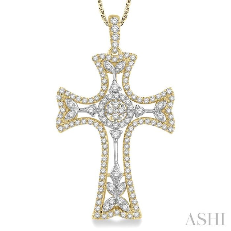 7/8 Ctw Round Cut Diamond Cross Pendant With Chain in 14K Yellow and White Gold 7/8 Ctw Round Cut Diamond Cross Pendant With Chain in 14K Yellow and White Gold