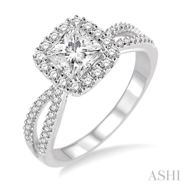 1/2 Ctw Diamond Engagement Ring with 1/4 Ct Princess Cut Center Stone in 14K White Gold 1/2 Ctw Diamond Engagement Ring with 1/4 Ct Princess Cut Center Stone in 14K White Gold