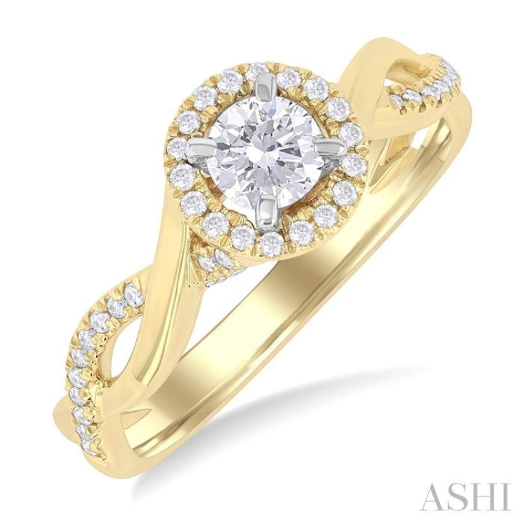 1/2 Ctw Circular Shape Open Twist Shank With 1/3 Ctw Center Stone Round Cut Diamond Halo Engagement Ring in 14K Yellow and White Gold 1/2 Ctw Circular Shape Open Twist Shank With 1/3 Ctw Center Stone Round Cut Diamond Halo Engagement Ring in 14K Yellow and White Gold